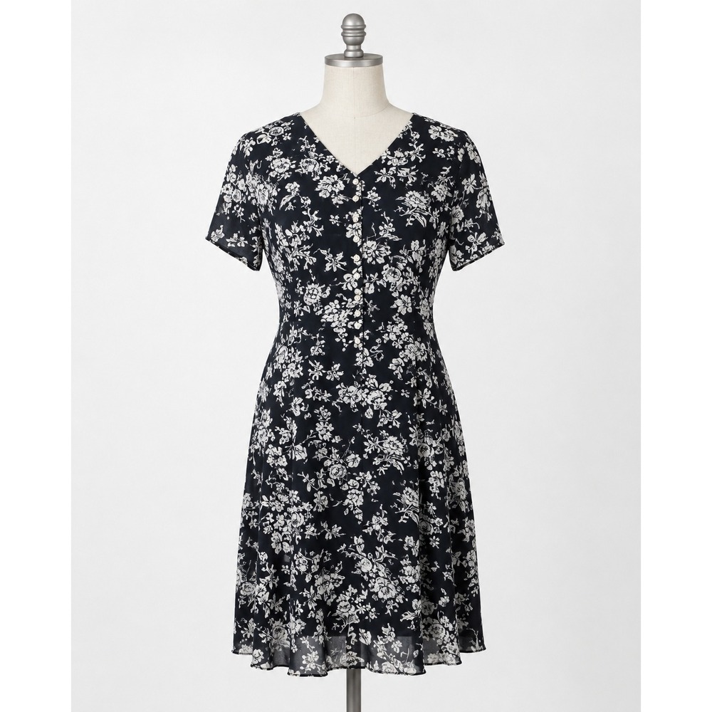 Vintage Y2K Amanda Smith Floral Midi Dress Size 16 Black White Button Front NWT